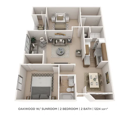 Floor plan Two Bedroom 2 Bath w/ Sunroom- 1225 sqft