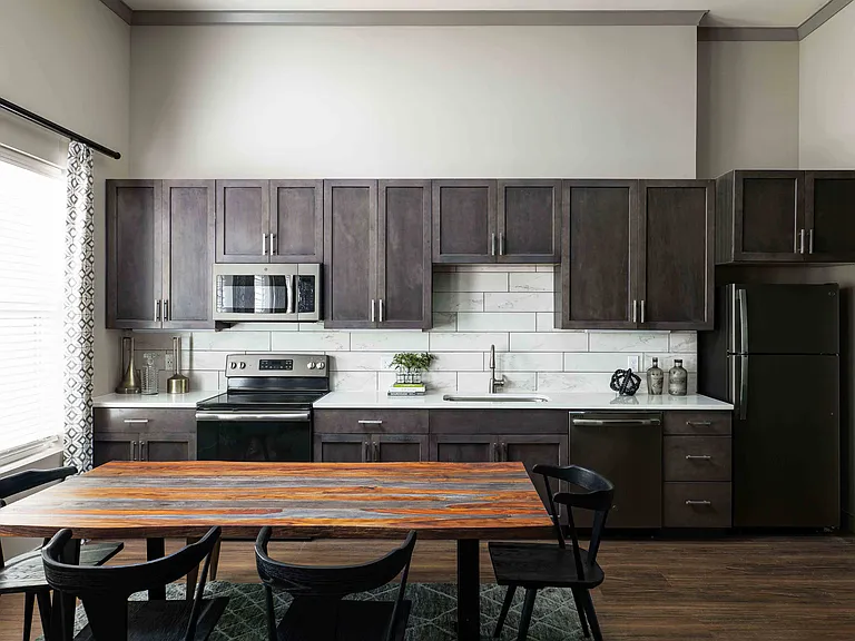 Modern kitchen with quartz countertops and slate appliances
