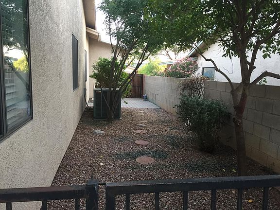 Side yard with mature orange tree and grape vine separate fenced pet area