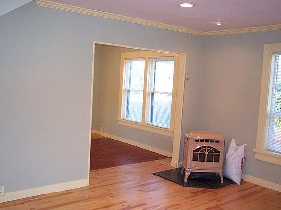 Living room: hardwood floors & pellet stove