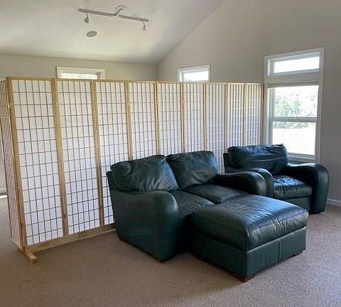 Large living area (approx 13' X 20') with vaulted ceilings and Deco ceiling fan; fantastic window lines throughout bathe interior space with light from every direction