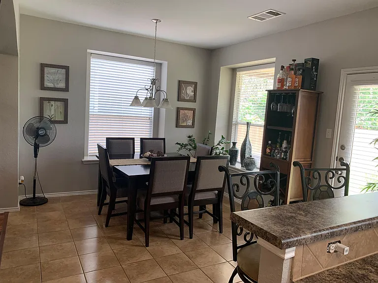 Kitchen opens into dining area