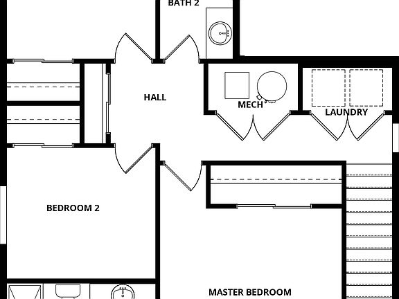 The second floor of the Azalea has the bedrooms and the laundry closet.