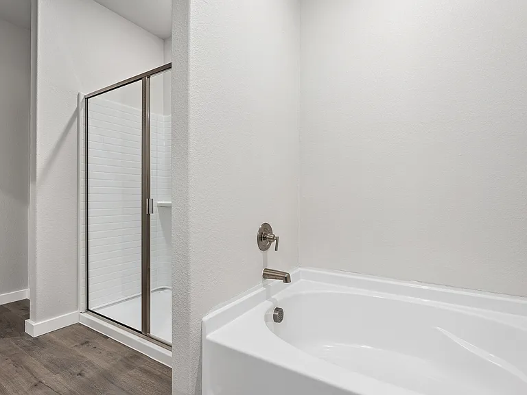 The master bathroom has a garden tub and glass, walk-in shower.