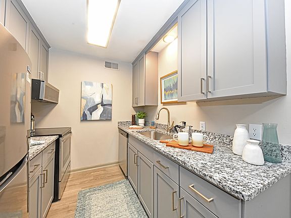Kitchen with granite counters, stainless appliances, and modern cabinetry