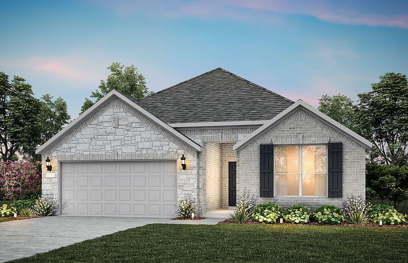 Exterior D of the Blue Sky, a one-story home with 2-car garage and shutters