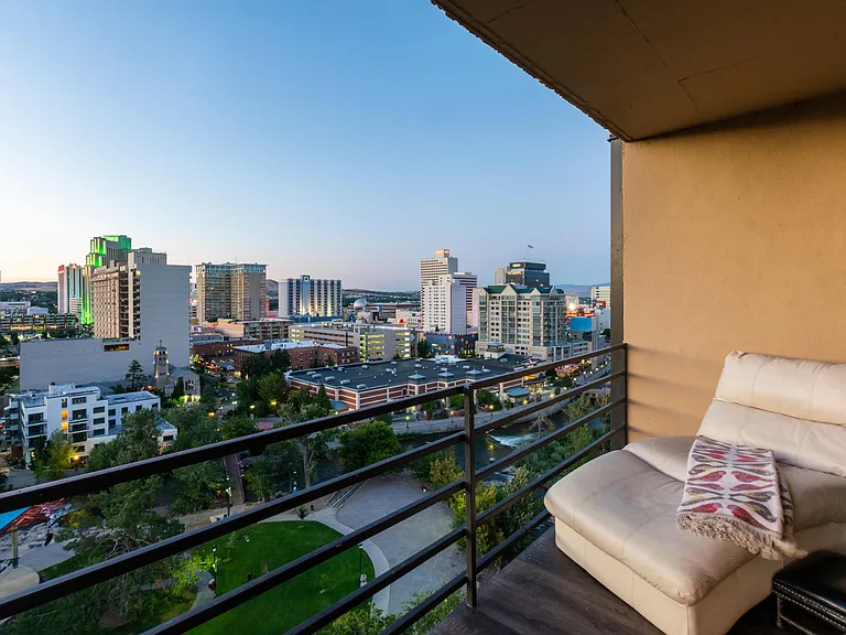 Outdoor Balcony overlooking downtown Reno Casinos, Restaurants, theaters & Truckee River