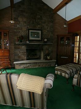 The vaulted ceilings in this living room draw your eye to this beautiful fireplace. With 2 walls of 
