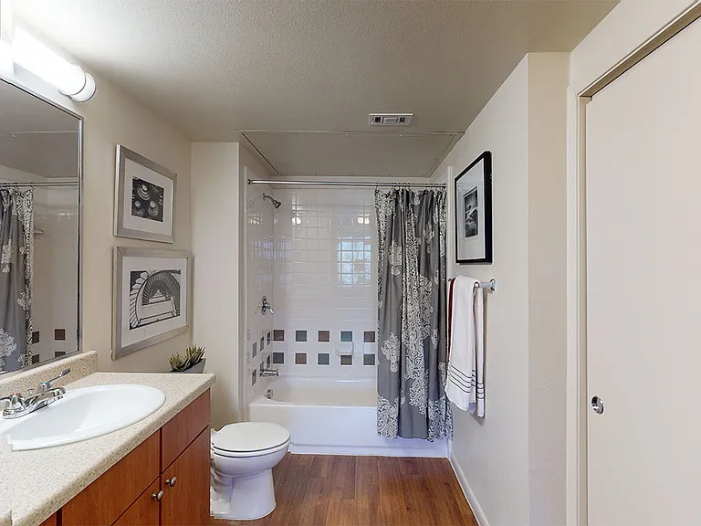 Apartment bathroom with large soaking tub and wood-style flooring.