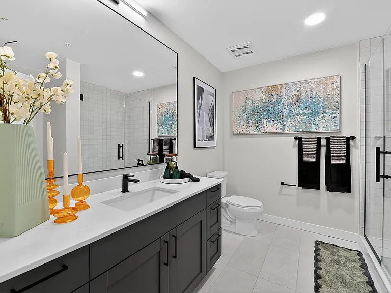 Designer bathroom with walk-in shower