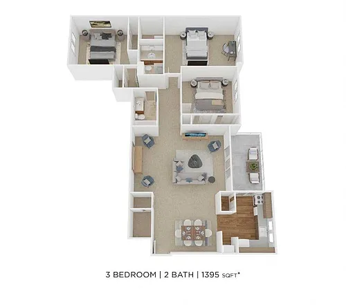 Floor plan Three Bedroom 2 Bath - 1,395 sqft