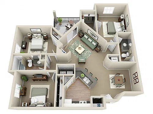 Floor plan 3 Bed 2 Bath - Atlanta (1273 sq ft)