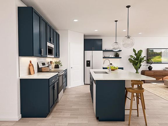 Kitchen with white backsplash and floating shelves