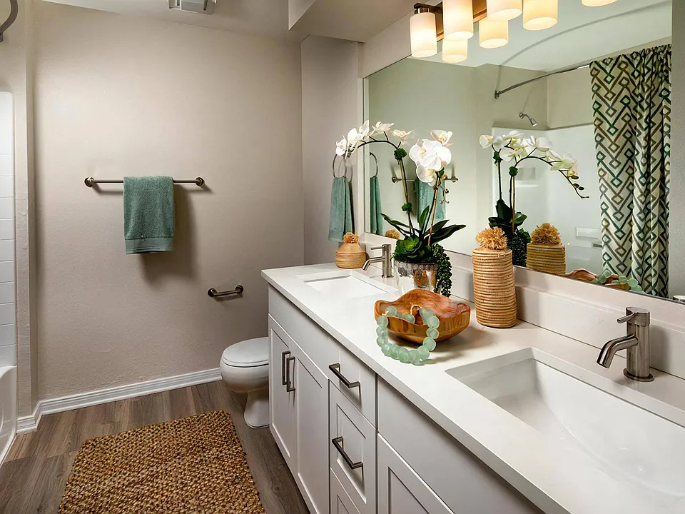 A double vanity here means two people can get ready at the same time.
