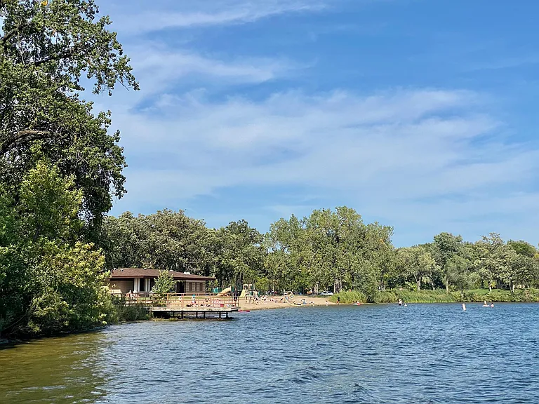 Beach at Tony Schmidt Park from our dock.