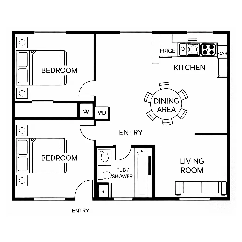 Floor plan 2 Bedroom 1 Bathroom