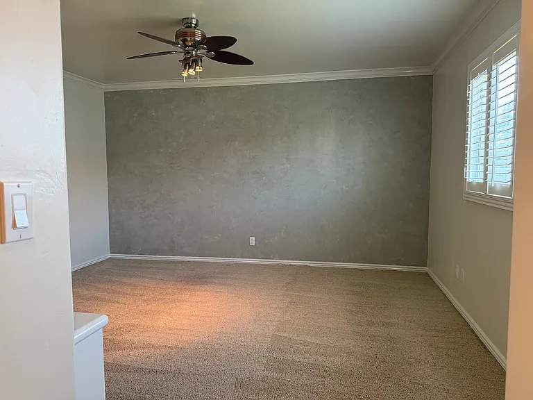 Primary bedroom, carpet, shutters.