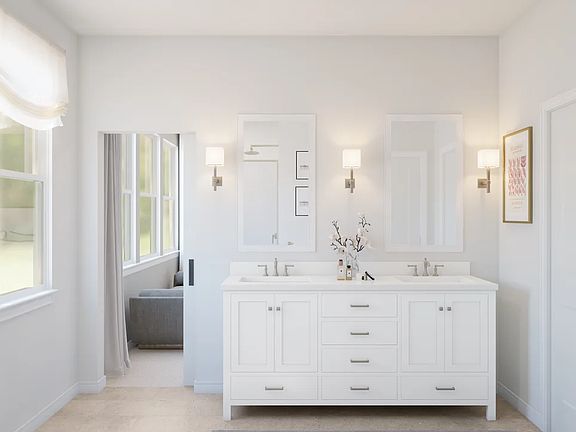 Primary bath with freestanding vanity