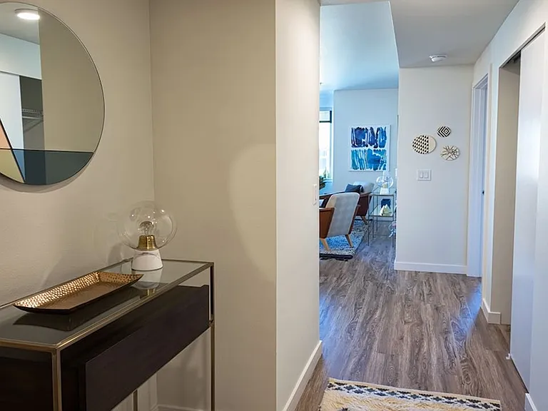Wood plank-style flooring in living areas and baths