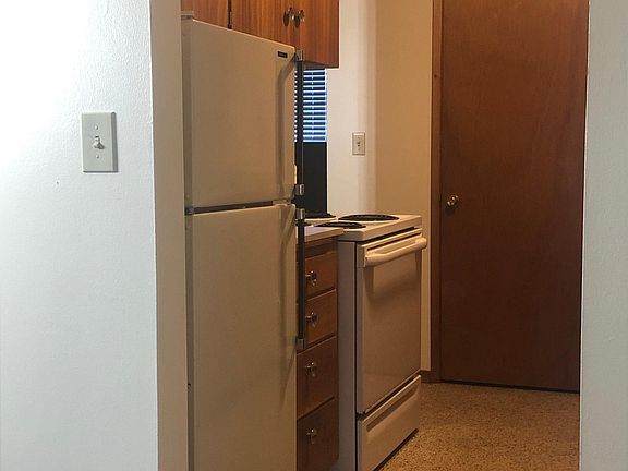 North side of galley kitchen with pantry door at back