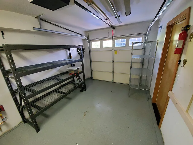 Garage with metal shelves