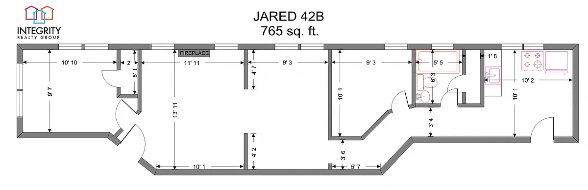 Floor plan Jared 2 Bed 1 Bath Type A