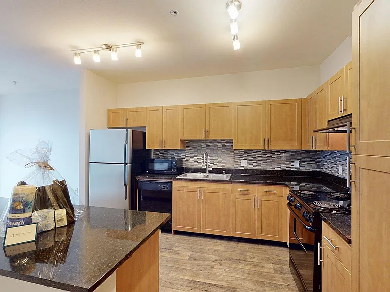 Apartment Kitchen with Stainless Steel Appliances, black stone countertops and wood floors.
