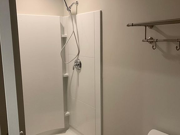 Shower with glass door and massaging water head