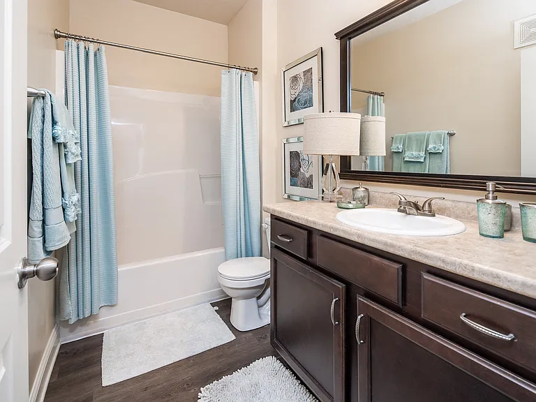Bathroom with a tub and shower, toilet, and vanity
