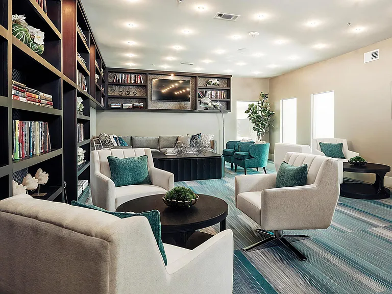 Clubhouse Lounge with Library Wall and TV Entertainment Area