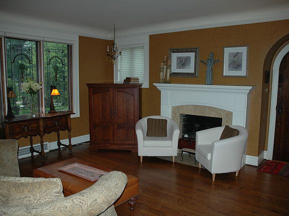 Living Room Fireplace & Stained Glass Windows