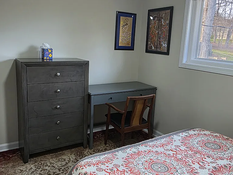 View of chest of drawers and secondary desk/chair