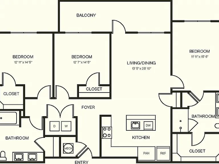 Explore this elegant floor plan showcasing a modern 3-bedroom apartment layout. Explore this elegant floor plan showcasing a modern 3-bedroom apartment layout.