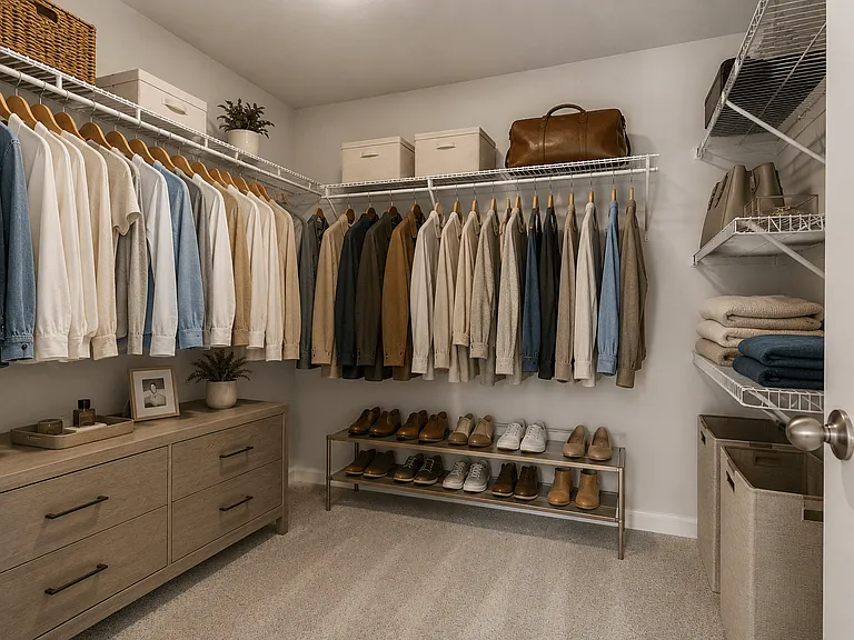 Primary suite with a full walk in closet featuring custom racks.