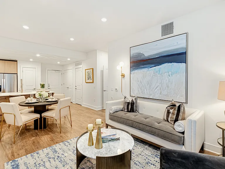 Wood-style flooring in living and dining areas