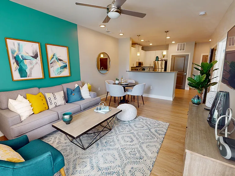 The Conner has an open-concept layout with room for living room and dining furniture. The Conner has an open-concept layout with room for living room and dining furniture.