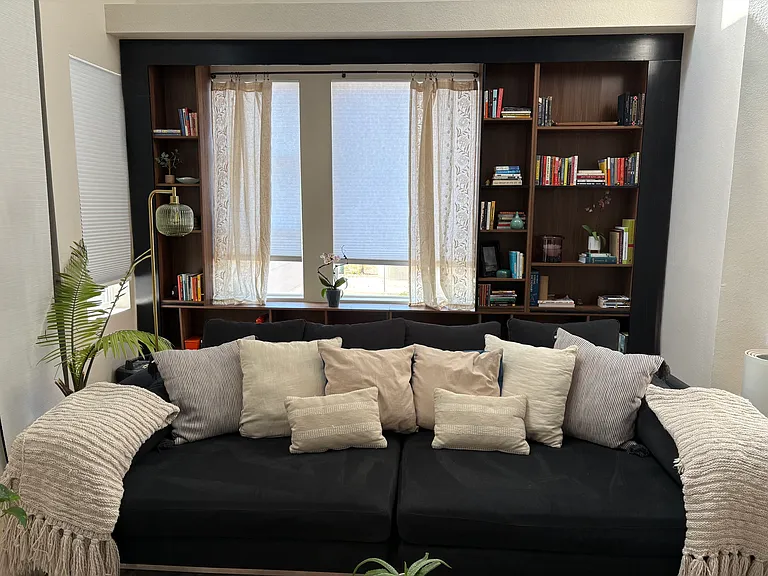 Extra large couch, built in bookshelves