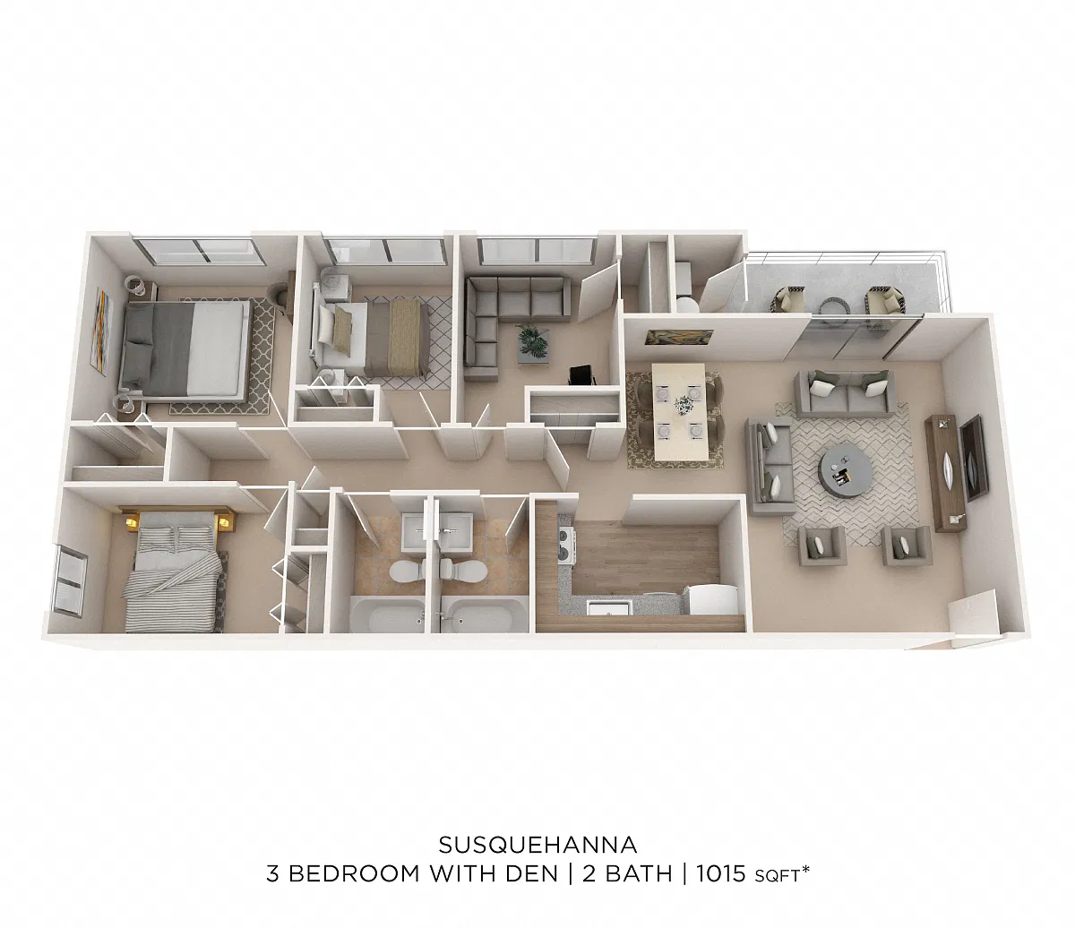 Floor plan Three Bedroom 2 Bath - 1,200 sqft