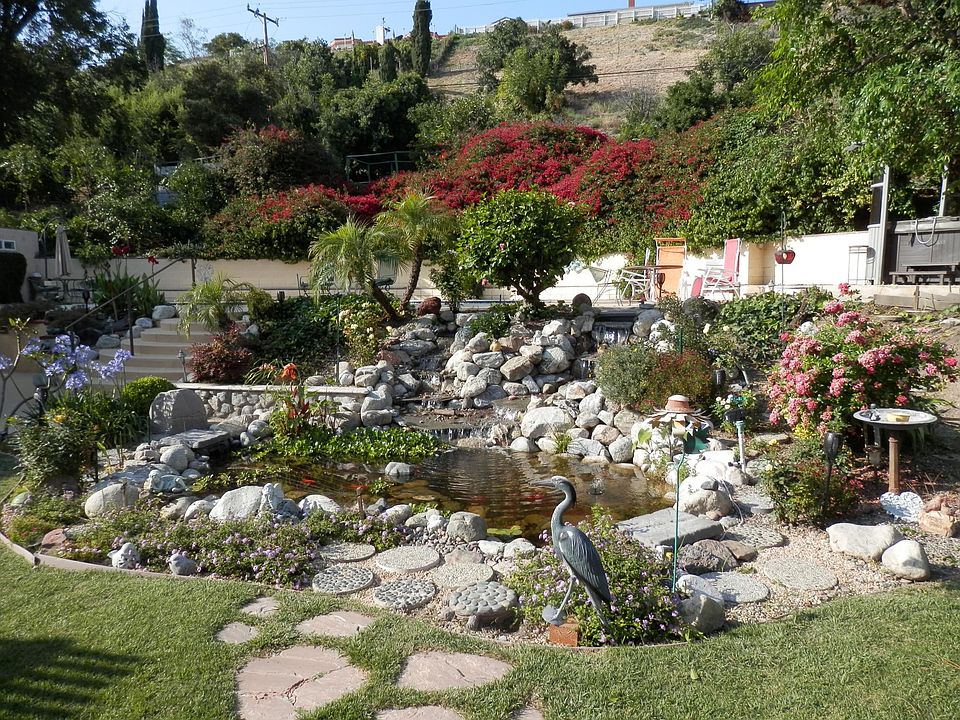 Swimming pool located on upper deck behind pond with waterfalls