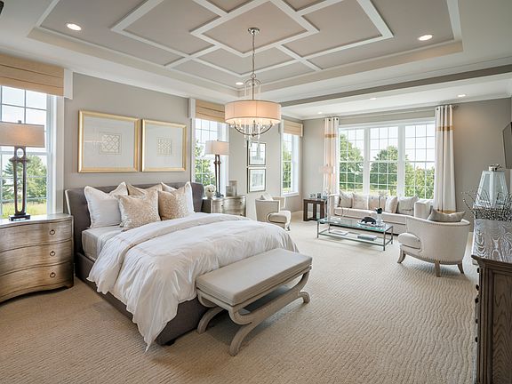 First-floor primary bedroom suite with tray ceiling