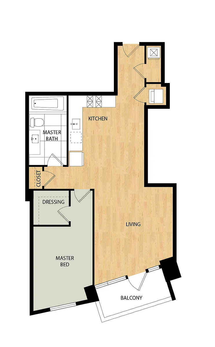 Floor plan Tower 1 Bed/1 Bath-Spruce
