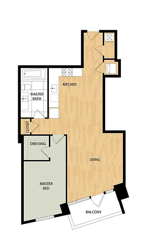 Floor plan Tower 1 Bed/1 Bath-Spruce