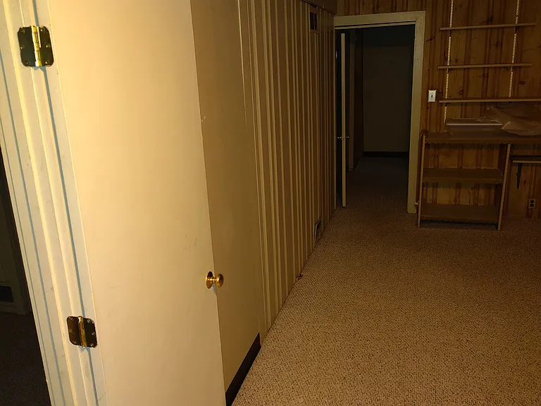 Main basement room showing hallway to front room, basement bathroom and kitchenette.