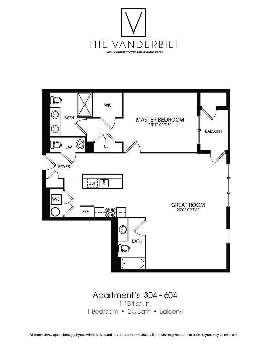 Floor plan 1 Bed - 2.5 Bath - Balcony