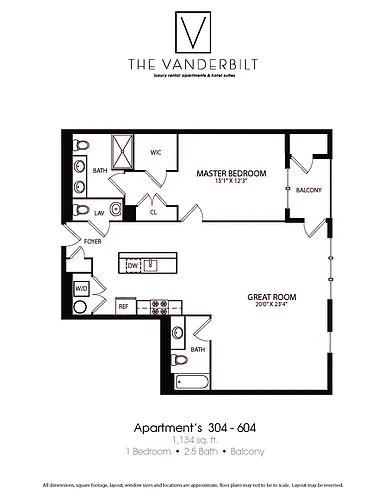 Floor plan 1 Bed - 2.5 Bath - Balcony