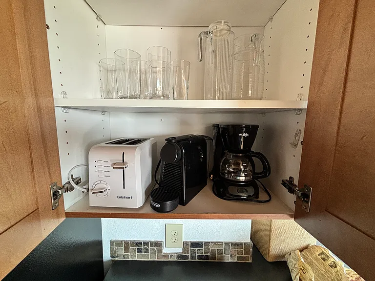 Toaster, coffee maker - pods or expresso.
