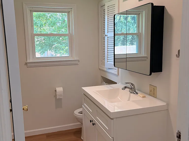 master bath with new flooring, new vanity, medicine cabinet and lights
