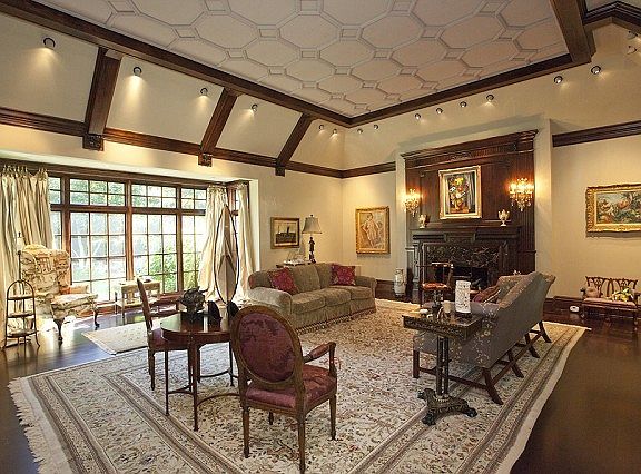 Custom woodwork on massive fireplace