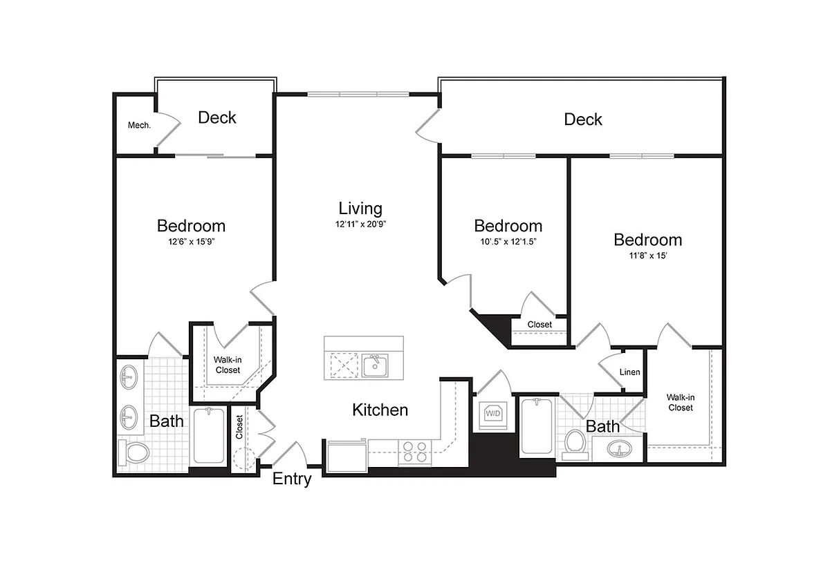 Floor plan 3-Bedroom 2-Bathroom | 1,365 sqft