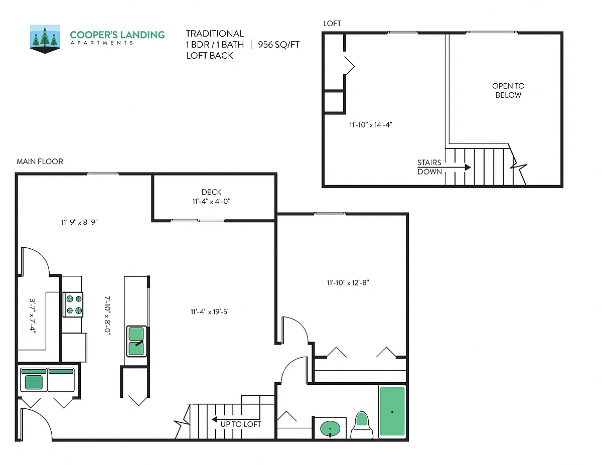Floor plan 1 Bed, 1 Bath Loft - 956 sq ft